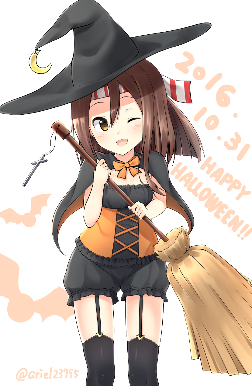 10s 1girl 2016 ;d animal_print ariel23795 bat_print black_thighhighs blush broom brown_eyes brown_hair capelet cross dated female_focus garter_straps hachimaki hair_between_eyes halloween happy_halloween hat headband highres kantai_collection matching_hair/eyes one_eye_closed open_mouth orange_ribbon puffy_shorts ribbon shorts simple_background smile solo thighhighs thighs twitter_username white_background witch_hat zuihou_(kancolle)