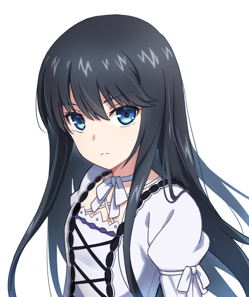 1girl black_hair blue_eyes choker closed_mouth criss-cross_halter dress floating_hair frown hair_between_eyes halterneck lolita_fashion long_hair looking_at_viewer minamiya_natsuki ribbon ribbon_choker simple_background solo straight_hair strike_the_blood upper_body very_long_hair white_background white_dress white_ribbon yozo_(yozo2000)