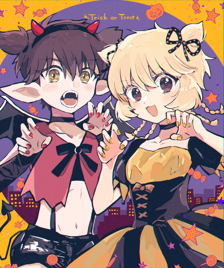 1boy 1girl :3 androgynous blonde_hair brown_hair demon_costume dress fake_horns fangs fong_pudding gao hair_ribbon halloween halloween_costume horns nuka_(nukamochi) open_mouth pointy_ears ribbon smile tart_(tokyo_mew_mew) tokyo_mew_mew trick_or_treat