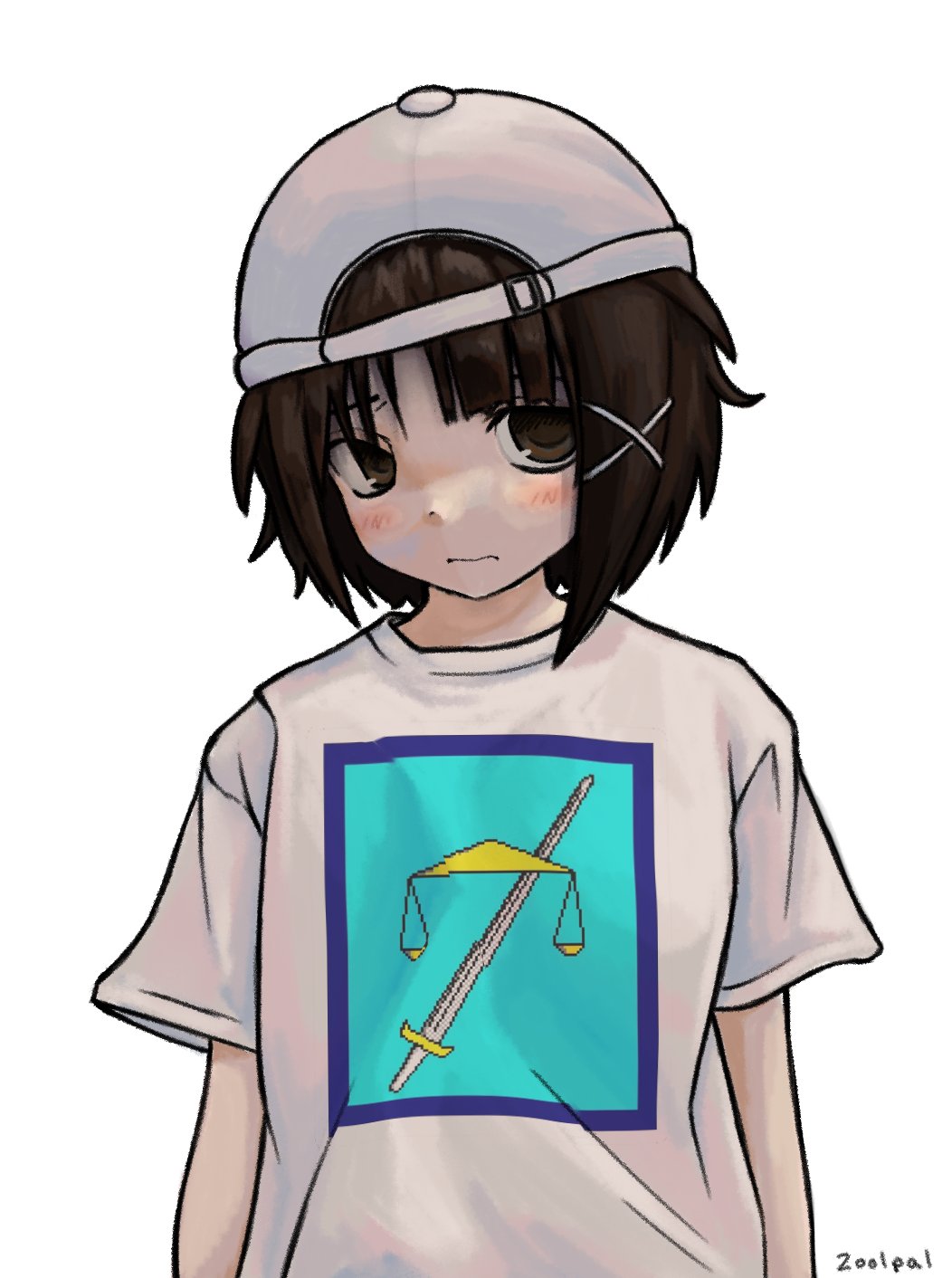 1girl baseball_cap blush brown_eyes brown_hair closed_mouth commentary cosplay english_commentary hair_ornament hat highres iwakura_lain looking_at_viewer redrawn serial_experiments_lain shirt short_hair short_sleeves simple_background solo templeos terry_a_davis terry_a_davis_(cosplay) upper_body white_background white_hat white_shirt x_hair_ornament zoolpal