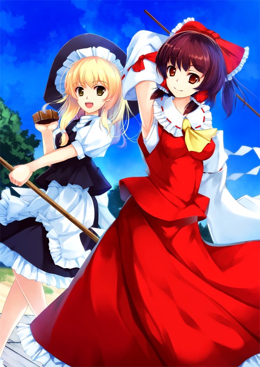 2girls asagi_jun bad_id bad_pixiv_id blonde_hair bow brown_eyes brown_hair detached_sleeves female_focus hair_bow hakurei_reimu hat japanese_clothes kirisame_marisa long_hair miko mini-hakkero multiple_girls touhou witch witch_hat yellow_eyes