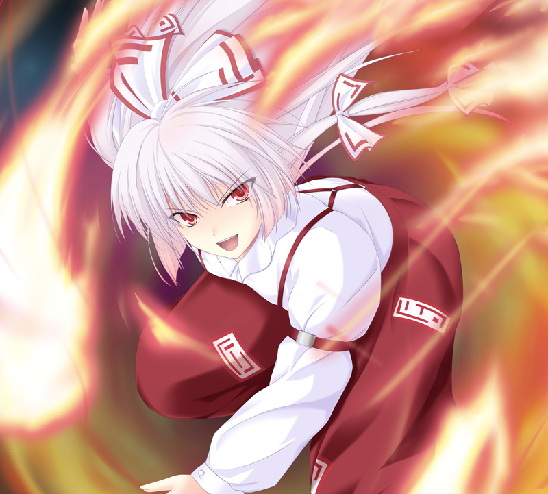 1girl amicis female_focus fire fujiwara_no_mokou hair_ribbon long_hair pants red_eyes ribbon silver_hair solo suspenders touhou