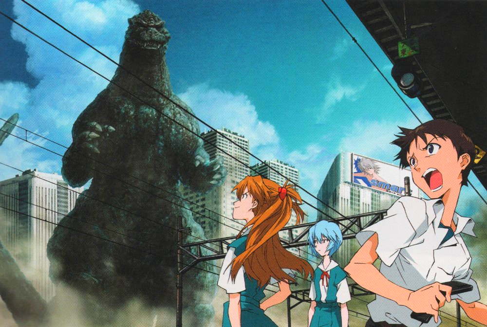 2boys 2girls ayanami_rei blue_eyes blue_sky breasts brown_hair city company_connection crossover day dress expressionless godzilla godzilla_(series) highres honda_takeshi ikari_shinji interface_headset jacket kaiju long_hair looking_at_another looking_at_viewer multiple_boys multiple_girls neon_genesis_evangelion official_art scan school_uniform sharp_teeth shirt short_hair skirt sky souryuu_asuka_langley standing sundress suspender_skirt suspenders teeth toho tokyo-3_middle_school_uniform what white_shirt yellow_dress