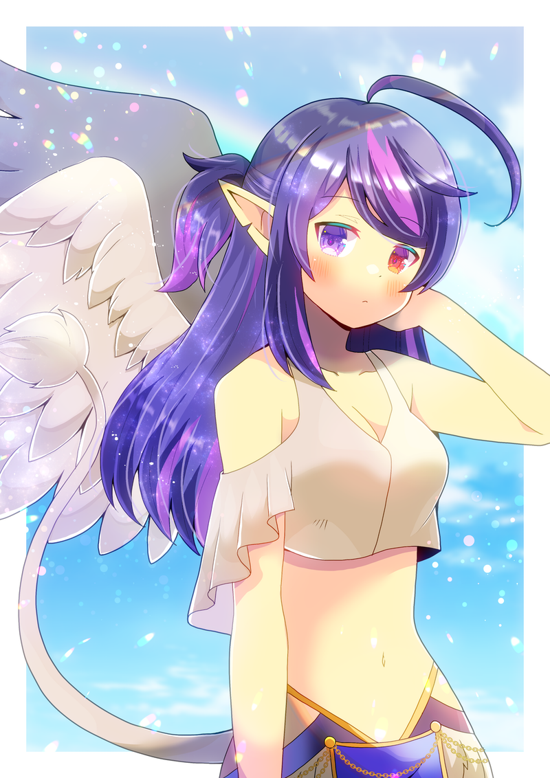 1girl breasts crop_top griffin griffin_girl heterochromia himeko_aura indie_virtual_youtuber kou_hiyoyo long_hair medium_breasts midriff navel pale_skin pointy_ears ponytail purple_eyes purple_hair red_eyes tail virtual_youtuber wings