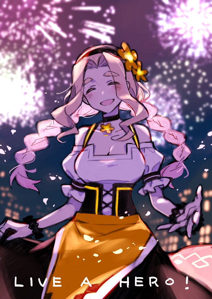 1girl black_choker braid choker closed_eyes collarbone copyright_name detached_sleeves facing_viewer fireworks flamier_(live_a_hero) kuro_nezumi_inu live_a_hero long_hair open_mouth outdoors solo twin_braids very_long_hair