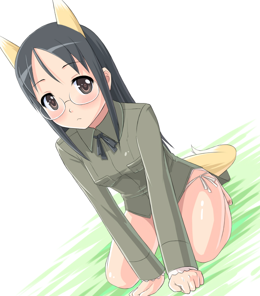 :&lt; animal_ears black_hair brown_eyes fox glasses long_hair panties side-tie_panties strike_witches suwa_amaki tail underwear world_witches_series