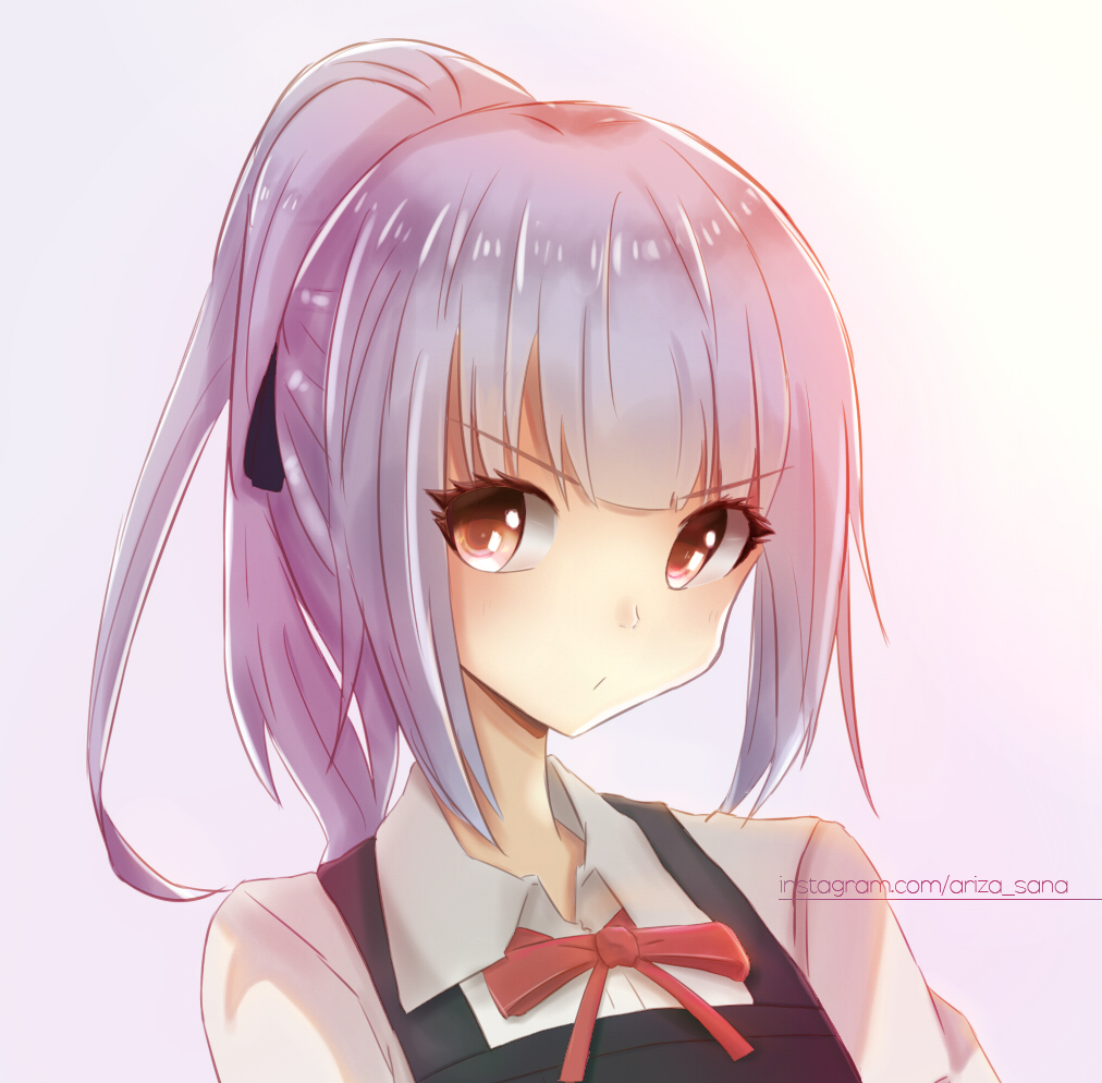 10s 1girl alternate_hairstyle ariza blunt_bangs brown_hair female_focus instagram_username kantai_collection kasumi_(kancolle) kasumi_kai_ni_(kancolle) medium_hair ponytail portrait purple_background silver_hair simple_background solo v-shaped_eyebrows watermark web_address