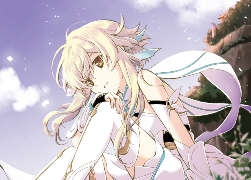 1girl bare_shoulders blonde_hair cape capelet cliff cloud day dress feather_hair_ornament feathers flower gauntlets genshin_impact grass hair_flower hair_ornament kinatsu_k light_particles looking_at_viewer lumine_(genshin_impact) outdoors short_hair sitting smile white_dress white_legwear yellow_eyes