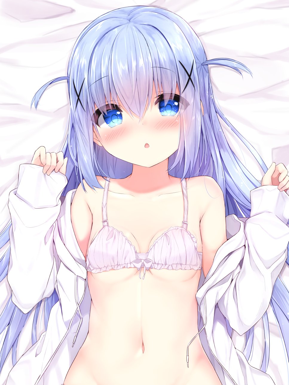 1girl :o bed_sheet blue_eyes blue_hair blush bow bow_bra bra breasts collarbone commentary_request gochuumon_wa_usagi_desu_ka? hair_ornament hands_up highres jacket kafuu_chino kouda_suzu long_hair long_sleeves looking_at_viewer lying navel off_shoulder on_back open_clothes open_jacket parted_lips pinching_sleeves pink_bra sleeves_past_wrists small_breasts solo two_side_up underwear upper_body very_long_hair white_jacket x_hair_ornament