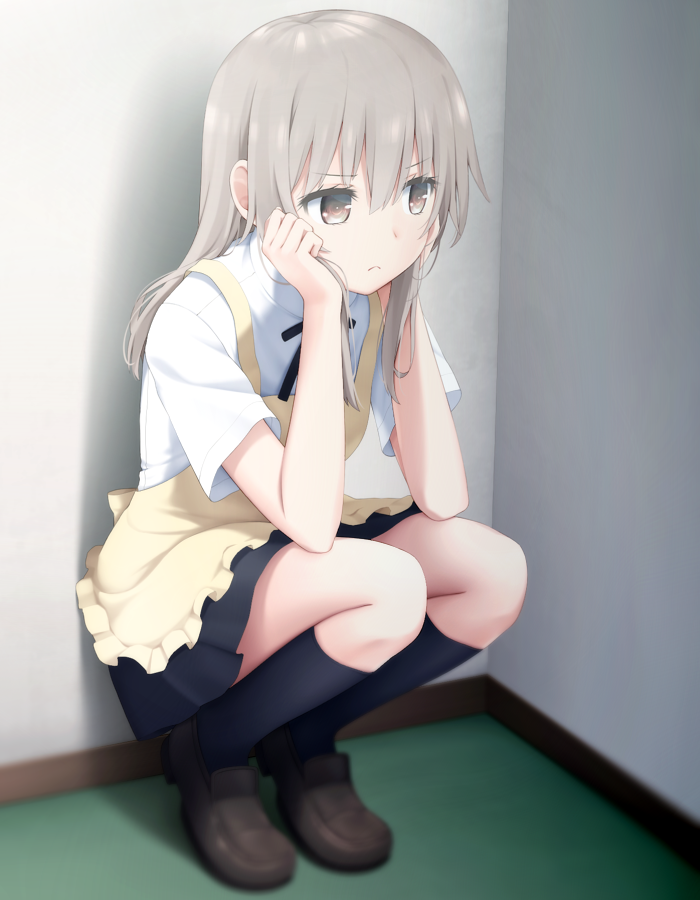 1girl apron black_skirt black_socks blush brown_eyes commentary female_focus goribote head_rest kneehighs loafers long_hair muranushi_sayuri revision shirt shoes short_sleeves silver_hair skirt socks solo squatting waitress white_shirt working!! working!!_(web_manga)