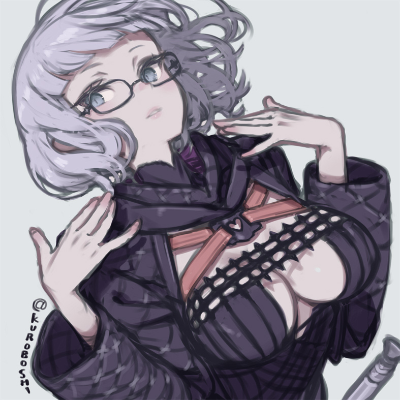 1girl black_dress black_jacket blue_eyes breasts cleavage cropped_jacket dress fate/grand_order fate_(series) glasses grey_hair hood hooded_jacket jacket jacques_de_molay_(foreigner)_(fate) jacques_de_molay_(foreigner)_(second_ascension)_(fate) kuroboshi_kouhaku large_breasts long_sleeves looking_at_viewer open_clothes open_jacket parted_lips short_hair solo