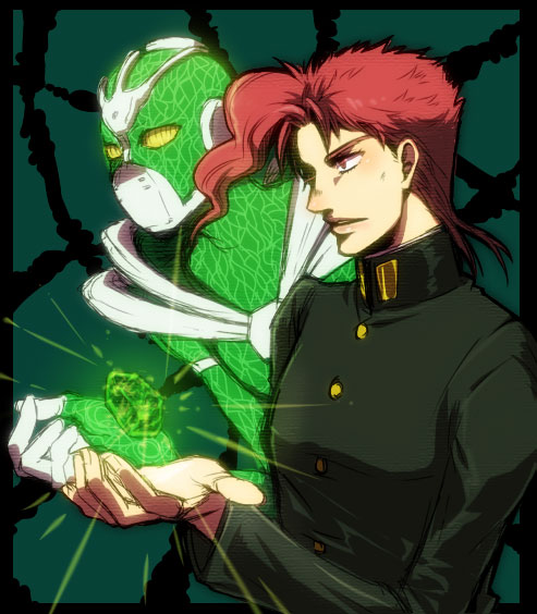 2boys earrings gakuran gem green_gemstone hierophant_green jewelry jojo_no_kimyou_na_bouken kakyoin_noriaki multiple_boys red_eyes red_hair rioka_(orangia) school_uniform stand_(jojo)