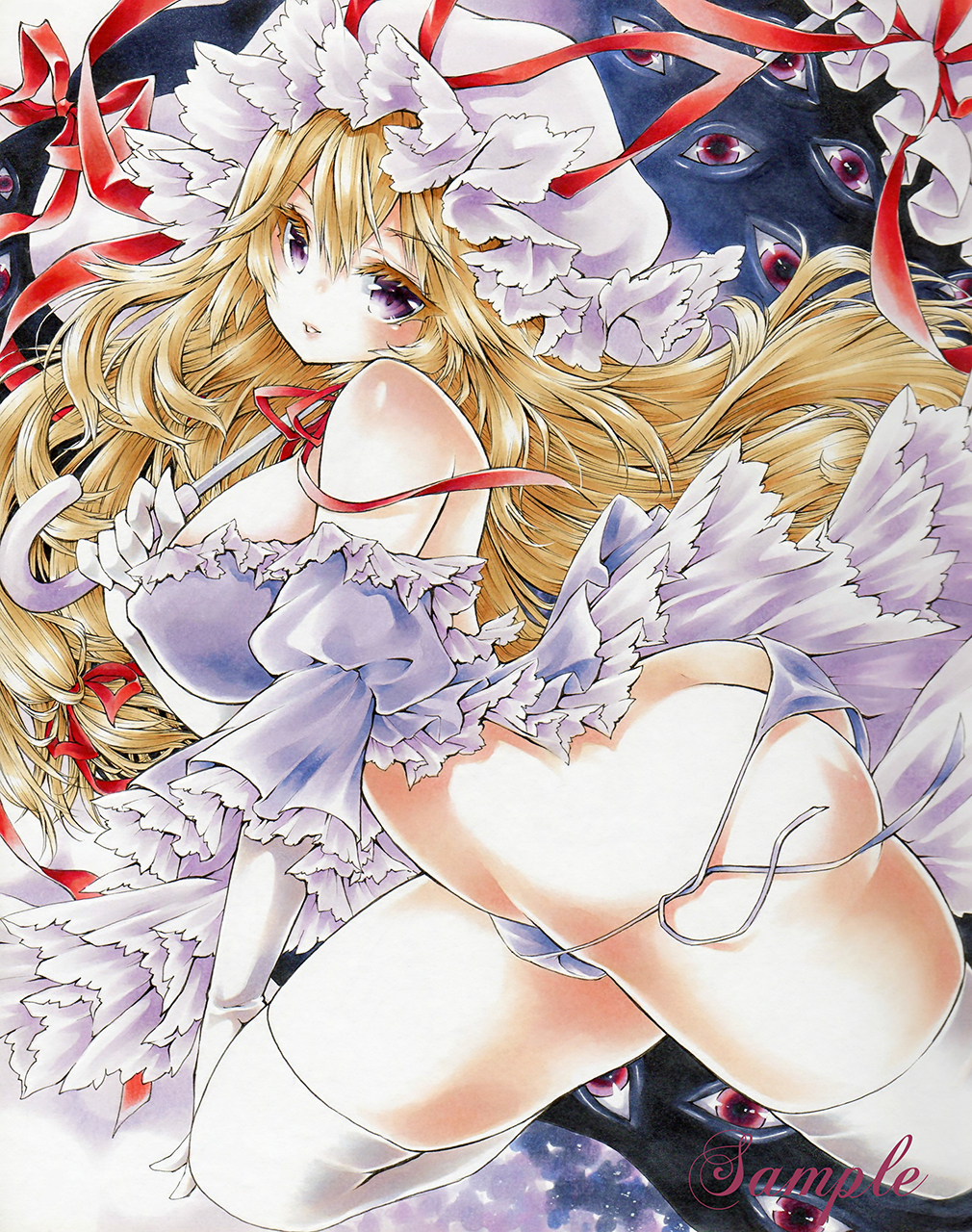 1girl alternate_costume arched_back arim0k0 ass babydoll bad_anatomy bad_id bad_pixiv_id blonde_hair blush breasts butt_crack choker cleavage colored_eyelashes contrapposto covered_erect_nipples detached_sleeves elbow_gloves female_focus frilled_sleeves frills from_side gap_(touhou) gloves hair_between_eyes hat highres holding holding_umbrella large_breasts leg_up long_hair looking_at_viewer loose_panties marker_(medium) mob_cap night_clothes panties puffy_nipples purple_eyes purple_hat purple_panties red_eyes ribbon_choker sample_watermark skindentation solo standing string_panties thick_thighs thighhighs thighs touhou traditional_media umbrella underwear very_long_hair watermark white_gloves white_thighhighs yakumo_yukari