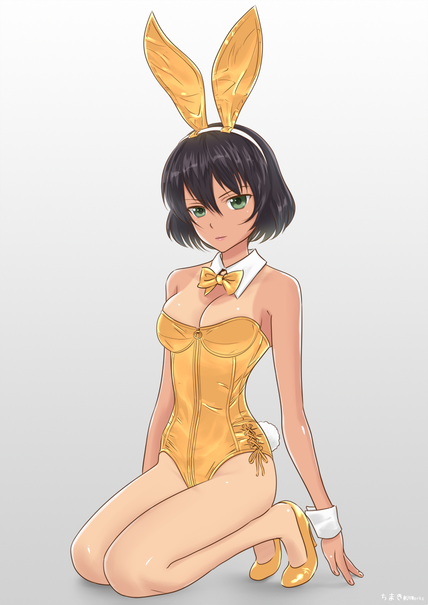 10s 1girl animal_ears bad_id bad_pixiv_id black_hair blush breasts chimaki_(u9works) cleavage fake_animal_ears female_focus girls_und_panzer green_eyes highres hoshino_(girls_und_panzer) kneeling large_breasts leotard playboy_bunny rabbit_ears solo tan tanline