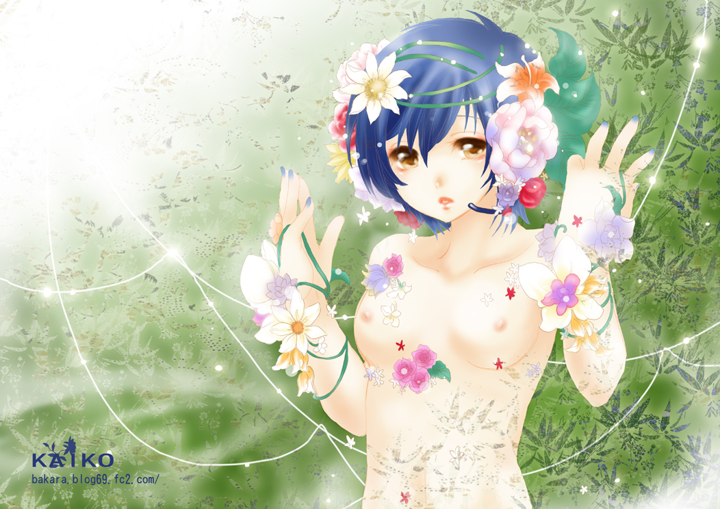 1girl blue_eyes blue_hair blue_scarf blush breasts fanloid flowers_(innocent_grey) kaiko kaiko_shion nipples nude scarf vocaloid