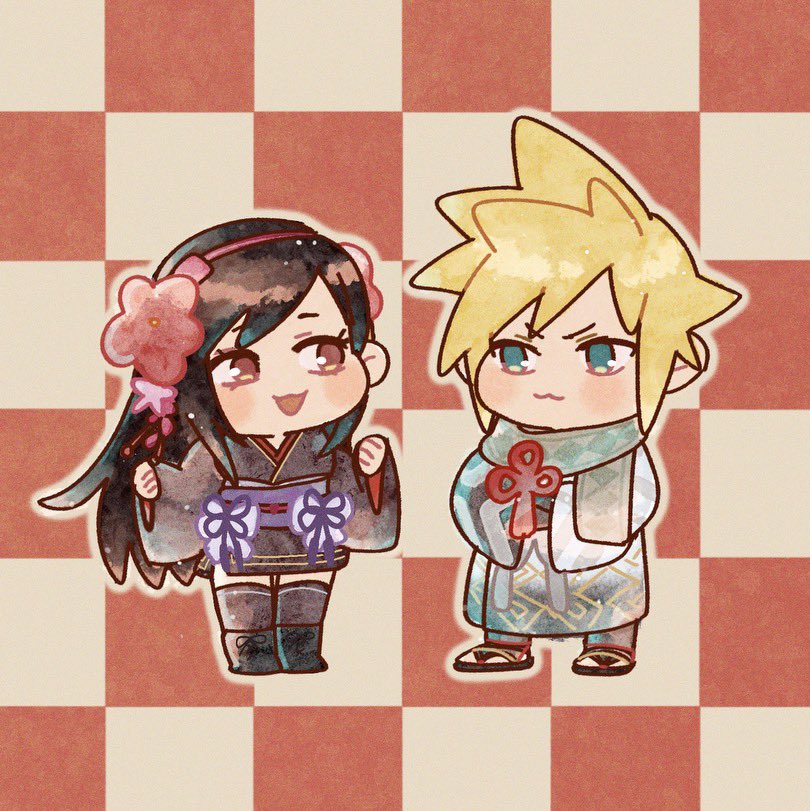 1boy 1girl :3 ankle_boots black_footwear black_hair black_kimono black_thighhighs blonde_hair blue_eyes blush boots breasts checkered_background chibi closed_mouth cloud_strife cloud_strife_(official_festive_garb) commentary_request final_fantasy final_fantasy_vii final_fantasy_vii_ever_crisis final_fantasy_vii_remake flower flower_knot full_body hair_flower hair_ornament hands_up japanese_clothes kimono long_hair long_sleeves looking_at_another medium_breasts obi official_alternate_costume open_mouth red_eyes red_flower rena_s1226 sash scarf short_hair short_kimono smile smug spiked_hair standing thighhighs tifa_lockhart tifa_lockhart_(exotic_dress) toeless_footwear wide_sleeves zettai_ryouiki