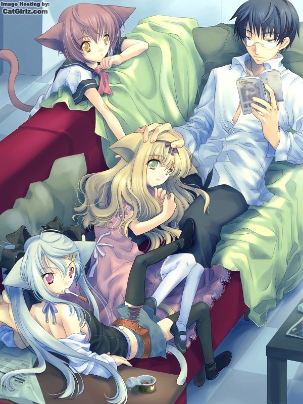 1boy 3girls animal_ears blonde_hair blue_hair book cat_ears cat_tail couch glasses goshujinsama green_eyes harem long_hair miniskirt multiple_girls purple_eyes red_upholstery school_uniform serafuku short_hair skirt tail thighhighs twintails watermark yellow_eyes