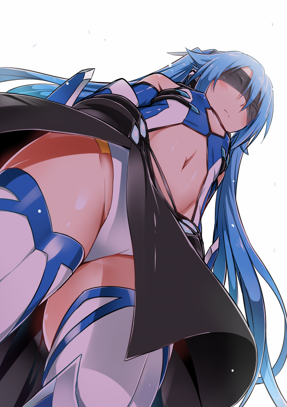 1girl black_skirt blindfold blue_hair closed_mouth expressionless flat_chest from_below leotard long_hair looking_to_the_side navel ore_twintail_ni_narimasu shogakukan simple_background skirt solo tailblue tailblue_(oretwi) thighhighs twintails upskirt white_background yuto_(dialique)