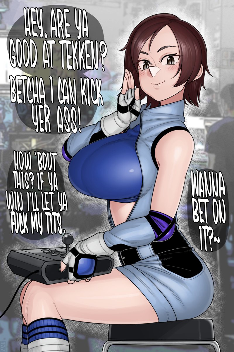 1girl arcade_stick bare_shoulders belt blue_sports_bra breasts brown_eyes brown_hair controller ekz_(robotekz) elbow_pads esports fingerless_gloves game_controller gloves hand_guard highres joystick jumpsuit kazama_asuka large_breasts playing_games short_hair short_jumpsuit shorts smile sports_bra tekken tekken_5 tomboy