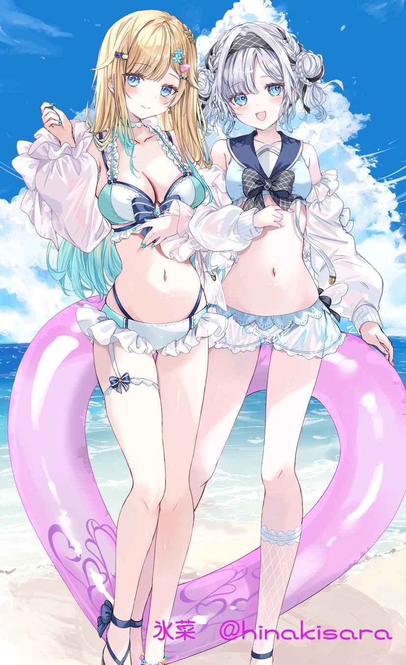 2girls aizawa_ema aqua_bikini aqua_hair bikini blonde_hair blue_eyes breasts cleavage closed_mouth cloud cloudy_sky double_bun fishnet_socks fishnets gradient_hair grey_hair hair_bun highres hinakisara kaga_sumire long_hair looking_at_viewer multicolored_hair multiple_girls navel open_mouth outdoors single_sock sky smile socks standing stomach swimsuit virtual_youtuber vspo! white_bikini