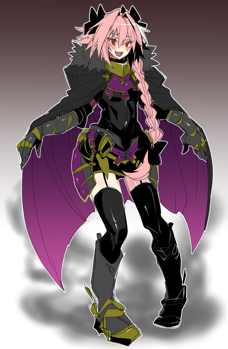 1boy alternate_color alternate_eye_color armored_skirt astolfo_(fate) black_bow black_cape black_footwear black_garter_straps black_thighhighs blush bow braid cape dark_persona dress_shirt fang fate/apocrypha fate_(series) full_body fur-trimmed_cape fur_trim garter_straps gauntlets hair_between_eyes hair_bow hair_intakes haoro highres legs_folded long_braid long_hair male_focus multicolored_hair pink_hair purple_eyes red_eyes shirt signature single_braid skin_fang smile solo standing streaked_hair thighhighs trap two-sided_cape two-sided_fabric two-tone_hair