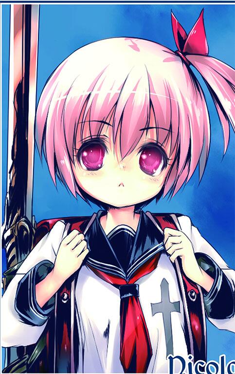 backpack bag eien_no_aselia eternity_sword_series hair_ribbon hitomaru neckerchief nicola_redspirit_lasfort pink_eyes pink_hair ribbon sailor_collar school_uniform serafuku sword weapon