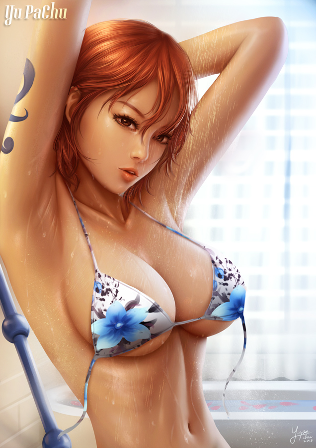 1girl armpits arms_behind_head bathroom bikini blue_bikini breasts cleavage collarbone comic dated floral_print hair_between_eyes indoors large_breasts long_hair looking_at_viewer nami_(one_piece) navel one_piece orange_hair orange_lips parted_lips realistic short_hair showering sidelocks signature solo stomach swimsuit tattoo underboob untied_bikini upper_body wet yupachu