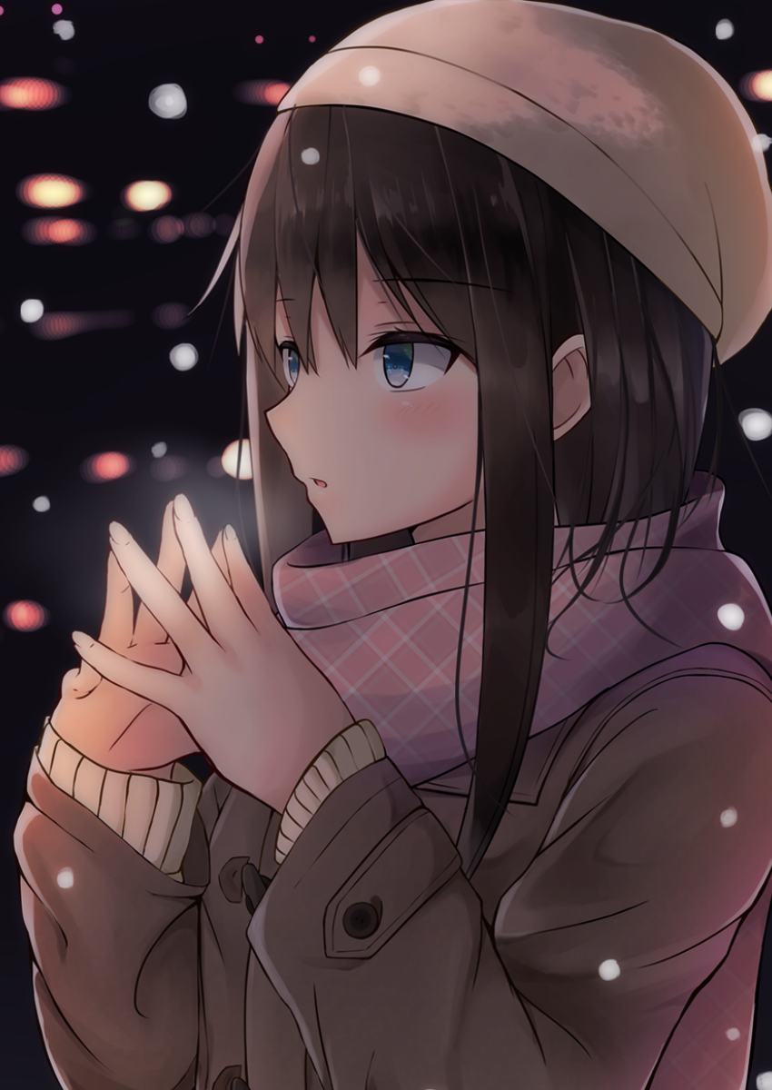 1girl bad_id bad_pixiv_id beanie blue_eyes blush brown_coat brown_hair brown_hat coat commentary_request female_focus fingernails from_side hair_between_eyes hat highres long_sleeves looking_away original parted_lips pink_scarf scarf snowing solo steepled_fingers yuzuzukushi