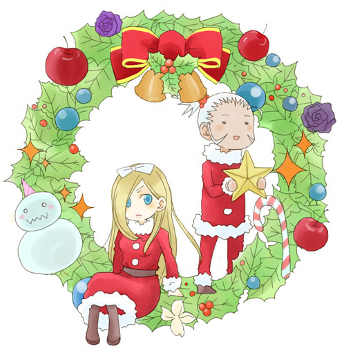 candy candy_cane chibi christmas food fullmetal_alchemist miles mini_person miniboy minigirl nina_(happy_parco) olivier_mira_armstrong santa_costume snowman star_(symbol) wreath