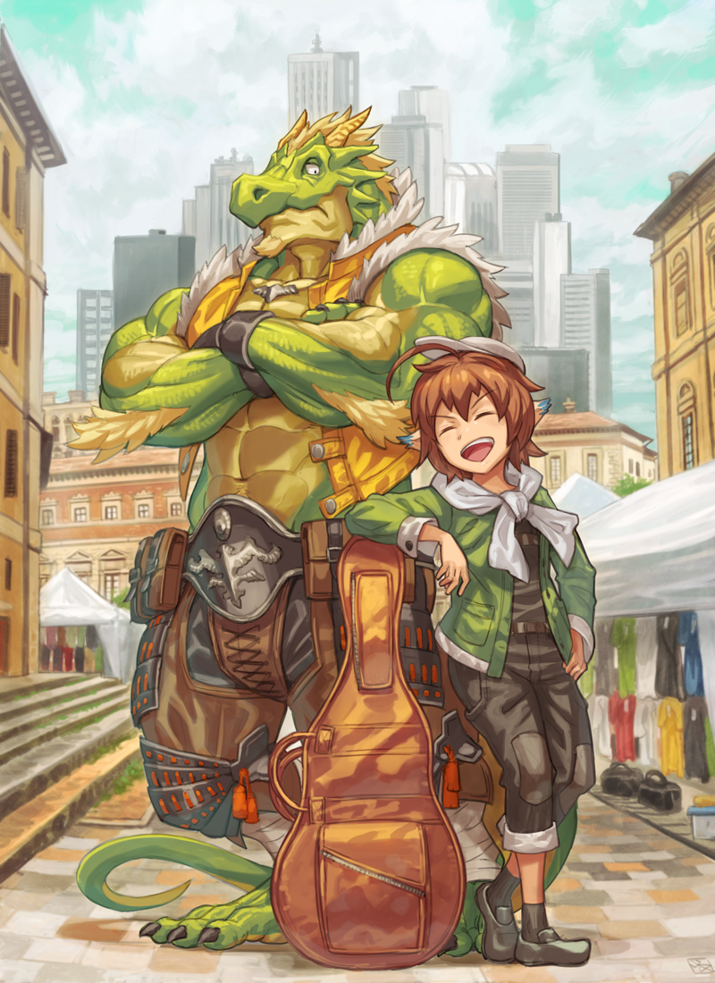 :d abs building closed_eyes cloud crossed_arms day dragon_boy furry furry_male guitar_case hat instrument_case monster_boy navel open_mouth original pointy_ears road skyscraper smile street yamamoto_shikaku