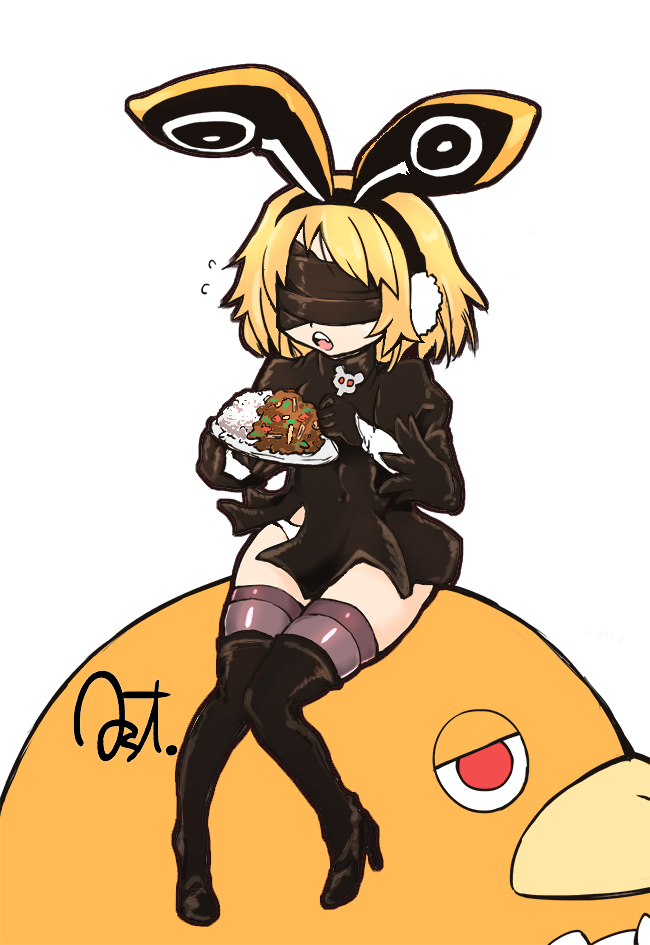 1girl black_dress blindfold blonde_hair boots cosplay curry disgaea dress food high_heel_boots high_heels nier_(series) nier:automata rabbit_ears rice short_hair thigh_boots thighhighs usalia_(disgaea) 2b_(nier:automata) 2b_(nier:automata)_(cosplay)