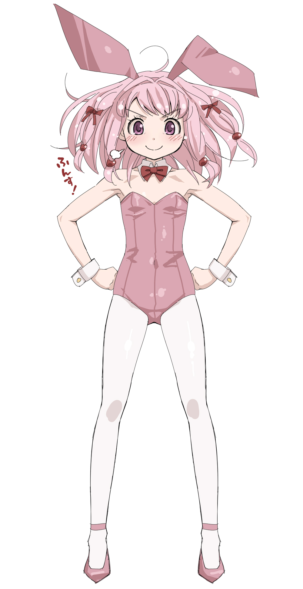 1girl animal_ears bare_shoulders blush bow bowtie detached_collar full_body hair_ornament hands_on_own_hips highres huffing leotard long_hair looking_at_viewer magia_record:_mahou_shoujo_madoka_magica_gaiden mahou_shoujo_madoka_magica medium_hair pantyhose pink_eyes pink_footwear pink_hair playboy_bunny rabbit_ears ribbon shoes simple_background smile solo standing strapless tamaki_ui white_background wrist_cuffs you2