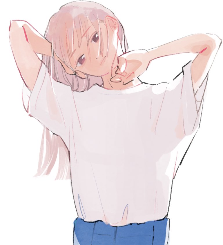 1girl arms_up blue_pants head_tilt long_hair looking_at_viewer original pants shirt short_sleeves solo upper_body watamoke white_background white_shirt