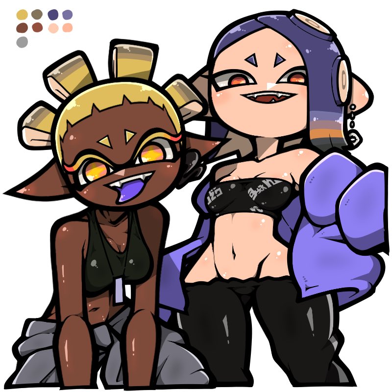 2girls :d bare_shoulders black_pants black_sports_bra black_tube_top blonde_hair blue_hair blue_jacket blue_tongue breasts cephalopod_eyes cleavage color_guide colored_eyelashes colored_tongue cross-shaped_pupils dark-skinned_female dark_skin earrings fangs frye_(splatoon) grey_pants groin horizontal_pupils inkling jacket jewelry looking_at_viewer lowleg lowleg_pants medium_breasts midriff multiple_girls name_omoitukan2 navel necklace nintendo octoling official_alternate_costume open_clothes open_jacket open_mouth pants pointy_ears quad_buns red_eyes shiny_skin shiver_(splatoon) short_eyebrows short_hair simple_background single_earring smile splatoon_(series) splatoon_3 sports_bra strapless symbol-shaped_pupils teeth tentacle_hair thick_lineart tongue tongue_out tube_top white_background