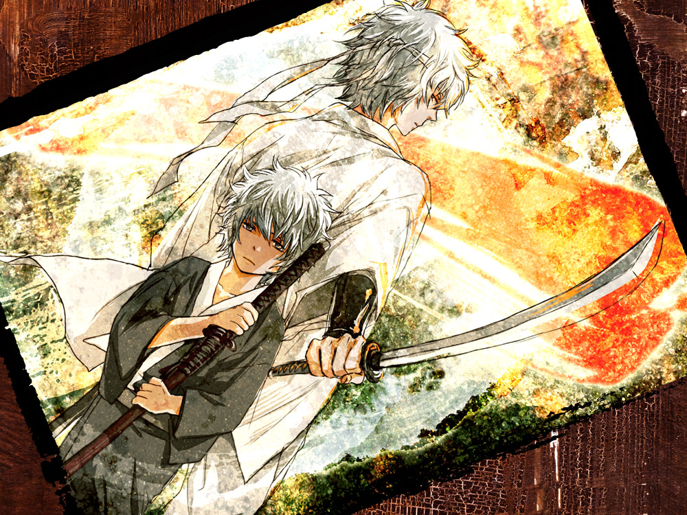 2boys acaco dual_persona gintama headband japanese_clothes joui katana kimono male_focus multiple_boys aged_up sakata_gintoki sheath sheathed silver_hair sword weapon aged_down