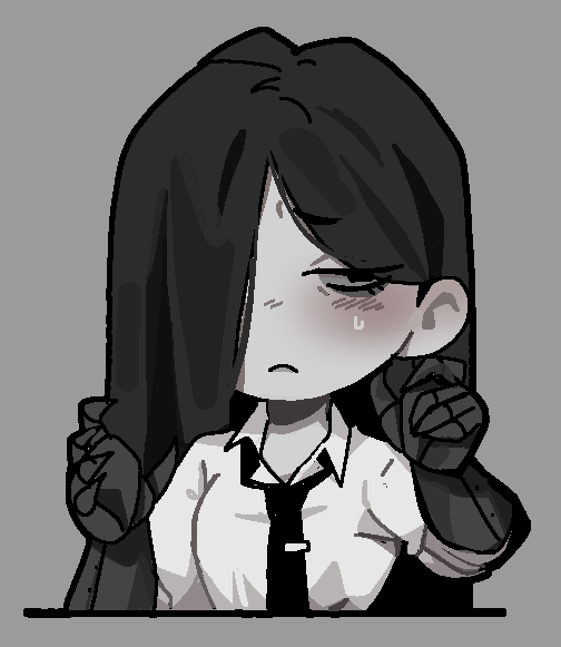 1girl averting_eyes bags_under_eyes black_eyes black_hair black_necktie blush breasts chibi chibi_only claw_pose clawed_gauntlets closed_mouth collared_shirt colored_skin eyebrows_hidden_by_hair facing_viewer frown gauntlets grey_background grey_skin hair_behind_ear hair_over_one_eye half-closed_eye hands_up library_of_ruina long_hair looking_to_the_side martina_(project_moon) necktie nervous nervous_sweating ny_000a parted_bangs project_moon raised_eyebrow shirt simple_background solo sweat sweatdrop upper_body white_shirt