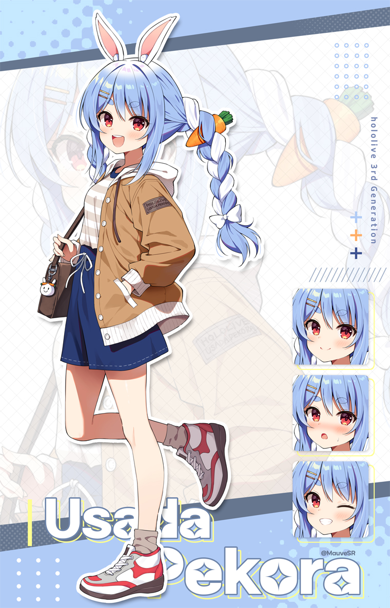 1girl :d animal_ear_fluff animal_ears bag blue_hair blue_shorts blush braid breasts brown_jacket carrot_hair_ornament character_name closed_mouth commentary_request denim denim_shorts drawstring food-themed_hair_ornament grin hair_ornament hairclip hololive hood hood_down hooded_jacket jacket long_sleeves looking_at_viewer mauve multicolored_hair multiple_views nose_blush one_eye_closed open_clothes open_jacket open_mouth pekomon_(usada_pekora) puffy_long_sleeves puffy_sleeves rabbit_ears shirt shoes short_eyebrows shorts shoulder_bag small_breasts smile standing standing_on_one_leg striped_clothes striped_shirt thick_eyebrows twin_braids twintails two-tone_hair usada_pekora virtual_youtuber white_footwear white_hair zoom_layer