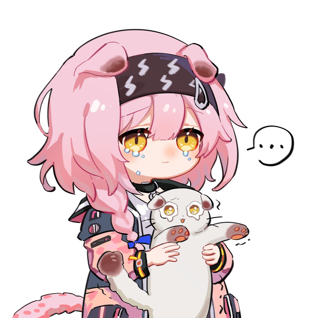 ... 1girl animal animal_ears arknights black_hairband black_jacket blue_bow bow braid cat cat_ears cat_girl cat_tail commentary crying crying_with_eyes_open english_commentary goldenglow_(arknights) hair_between_eyes hair_over_shoulder hairband holding holding_animal jacket long_sleeves looking_at_viewer pink_hair pink_jacket puffy_long_sleeves puffy_sleeves shirt simple_background single_braid solo spacelongcat spoken_ellipsis tail tears trembling wavy_eyes white_background white_shirt yellow_eyes