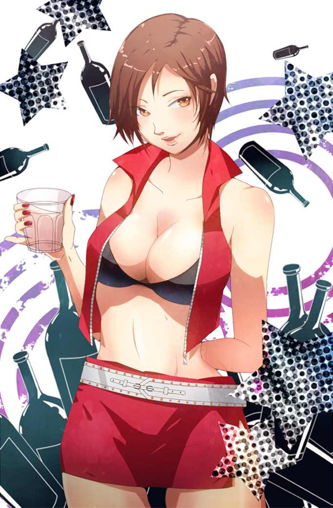 1girl arm_behind_back bad_id bad_pixiv_id belt bottle breasts brown_eyes brown_hair cleavage female_focus fingernails glass large_breasts meiko_(vocaloid) midriff miniskirt nail_(hardware) navel nikon short_hair skirt solo star_(symbol) vest vocaloid