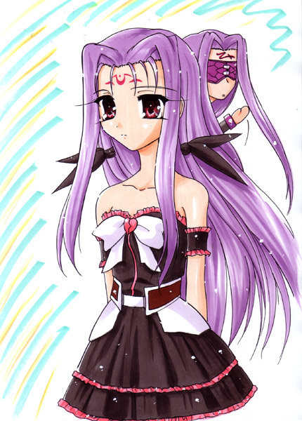 00s 1girl dress fate/stay_night fate_(series) female_focus look-alike lutecia lutecia_alpine lyrical_nanoha mahou_shoujo_lyrical_nanoha mahou_shoujo_lyrical_nanoha_strikers medusa_(fate) medusa_(rider)_(fate) purple_hair solo square_pupils strapless strapless_dress