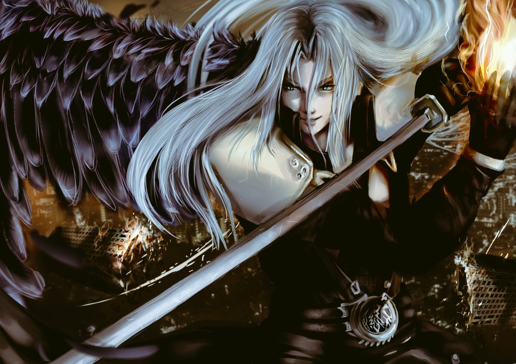 1boy arialla_draws armor black_coat black_feathers black_gloves black_wings closed_mouth coat commentary english_commentary feathered_wings feathers fighting_stance final_fantasy final_fantasy_vii final_fantasy_vii_rebirth final_fantasy_vii_remake gloves green_eyes grey_hair holding holding_sword holding_weapon katana long_hair male_focus masamune_(ff7) sephiroth shoulder_armor single_wing smile solo sword very_long_hair weapon wings