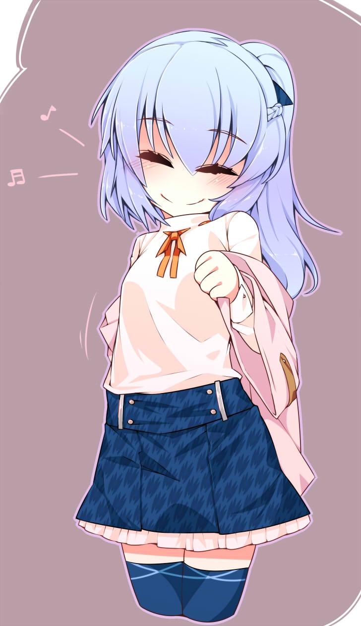 1girl adapted_costume alternate_hair_color bad_id bad_twitter_id blue_hair blue_thighhighs blush braid closed_eyes contemporary cowboy_shot female_focus french_braid head_tilt highres long_sleeves miniskirt mononobe_no_futo musical_note ponytail quaver shamo_(koumakantv) short_hair silver_hair skirt sleeves_past_wrists smile solo thighhighs touhou zettai_ryouiki