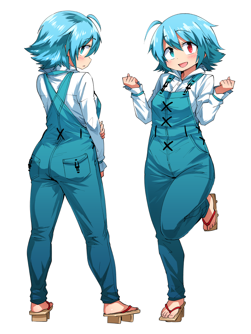 1girl adapted_costume ahoge alternate_costume blue_eyes blue_hair blue_overalls blush full_body geta heterochromia long_sleeves looking_at_viewer multiple_views open_mouth overalls red_eyes shimizu_pem shirt short_hair simple_background standing standing_on_one_leg tatara_kogasa touhou white_background white_shirt