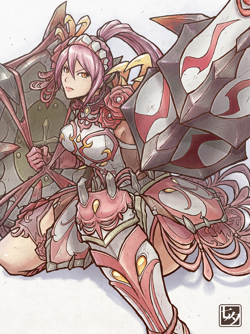 1girl armor breasts closed_mouth double-parted_bangs dress elbow_gloves flower frown gloves greaves gunlance hair_between_eyes holding holding_shield long_hair medium_breasts monster_hunter_(character) monster_hunter_(series) on_one_knee orange_eyes pink_gloves pink_hair pink_lips ponytail rakna-kadaki_(armor) red_flower shield solo tanabanata v-shaped_eyebrows white_armor white_dress