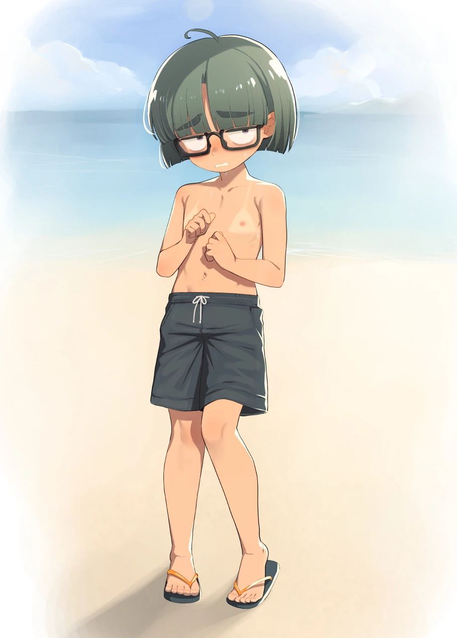 1girl ahoge bags_under_eyes beach bikini_tan black-framed_eyewear black_male_swimwear blue_sky blunt_ends commentary_request crossdressing flat_chest full_body glasses green_hair highres jitome loli lolicom male_swimwear male_swimwear_challenge navel nipples original outdoors parted_bangs parted_lips sandals sky solo standing tan tanline thick_eyebrows toes topless webp-to-png_conversion