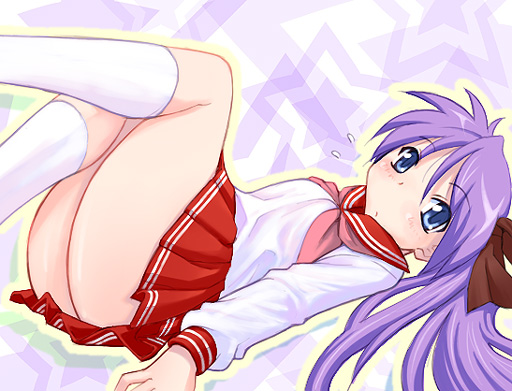 00s 1girl blue_eyes closed_mouth female_focus hiiragi_kagami hoshikuzu_junction long_hair lucky_star lying purple_hair school_uniform serafuku solo