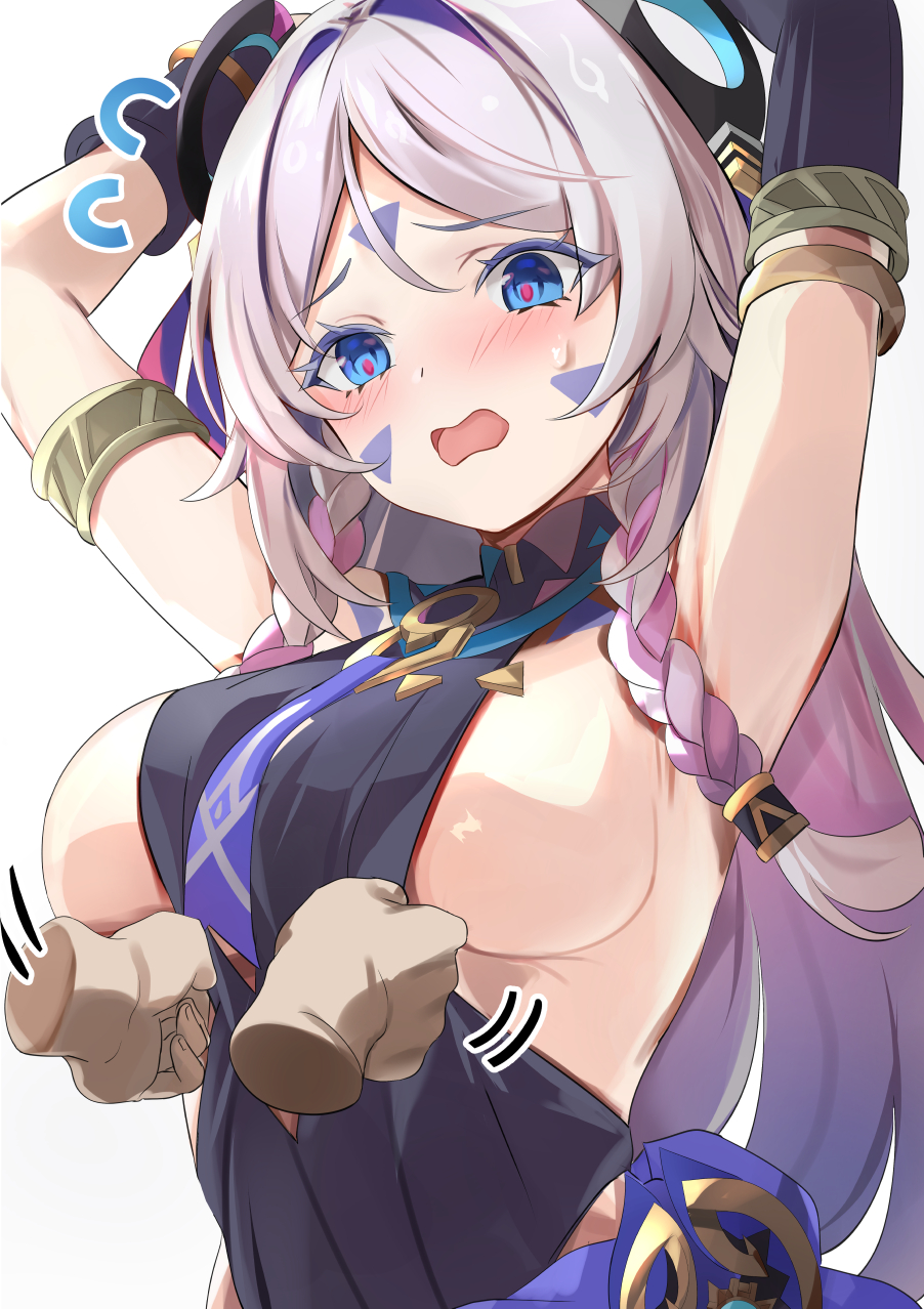 1girl armlet arms_up blue_eyes blush braid breasts citlali_(genshin_impact) facial_mark forehead_mark genshin_impact highres jewelry large_breasts long_hair open_mouth paid_reward_available pink_hair sideboob simple_background tomas_(kaosu22) upper_body white_background