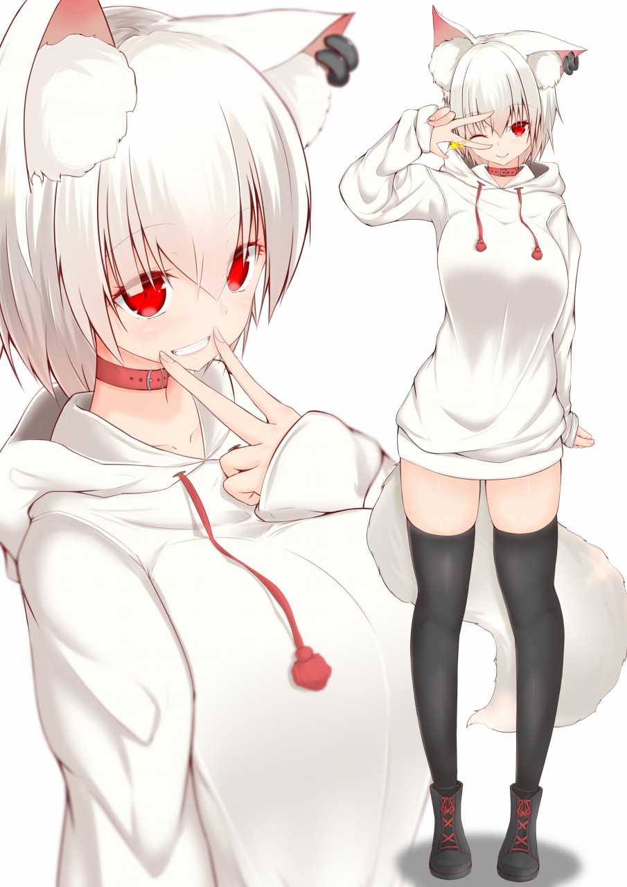 1girl animal_ears black_legwear blush breasts collar collarbone commentary commentary_request full_body highres inubashiri_momiji large_breasts looking_at_viewer mamo_murata one_eye_closed red_eyes ribbed_sweater short_hair silver_hair simple_background solo sweater tail touhou v white_background wolf_ears wolf_tail