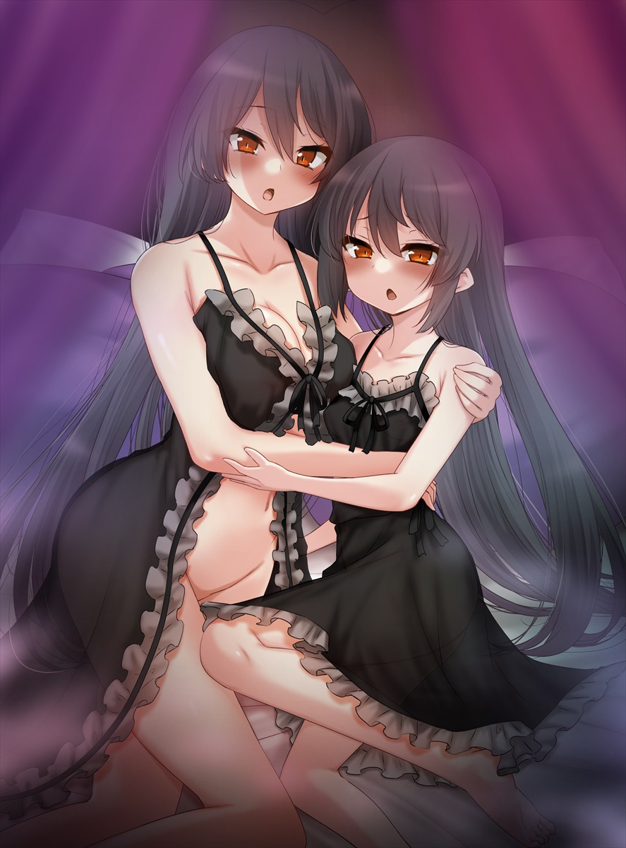 2girls asymmetrical_docking bare_legs bare_shoulders black_hair blush breast_press breasts curtains groin highres hug large_breasts looking_at_viewer miracle_tou mix_tou mother_and_daughter multiple_girls nipples no_panties on_bed open_mouth orange_hair pillow rance_(series) rance_10 see-through_clothes small_breasts tori_(minamopa)