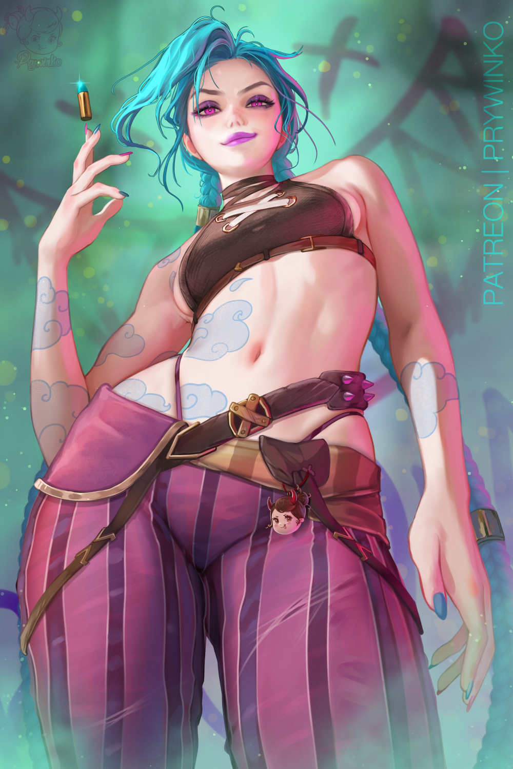 1girl arcane:_league_of_legends arcane_jinx arm_tattoo asymmetrical_bangs blue_hair braid breasts cloud_tattoo crop_top fingerless_gloves from_below gloves highres jinx_(league_of_legends) league_of_legends long_hair looking_at_viewer navel pants pink_eyes prywinko shoulder_tattoo solo striped_clothes striped_pants tattoo twin_braids